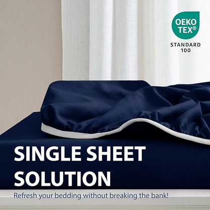 Cathay Home Twin Fitted Sheet - Double Brushed Ultra Soft - Wrinkle & Fade Resistant - 21" Extra Deep Pocket Fitted Sheet Only - Good Fit for 19"-23" Deep Mattress (Twin, Navy)