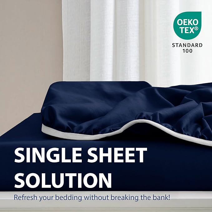 Cathay Home Queen Fitted Sheet - Double Brushed Ultra Soft - Wrinkle & Fade Resistant - 21" Extra Deep Pocket Fitted Sheet Only - Good Fit for 19"-23" Deep Mattress (Queen, Navy)
