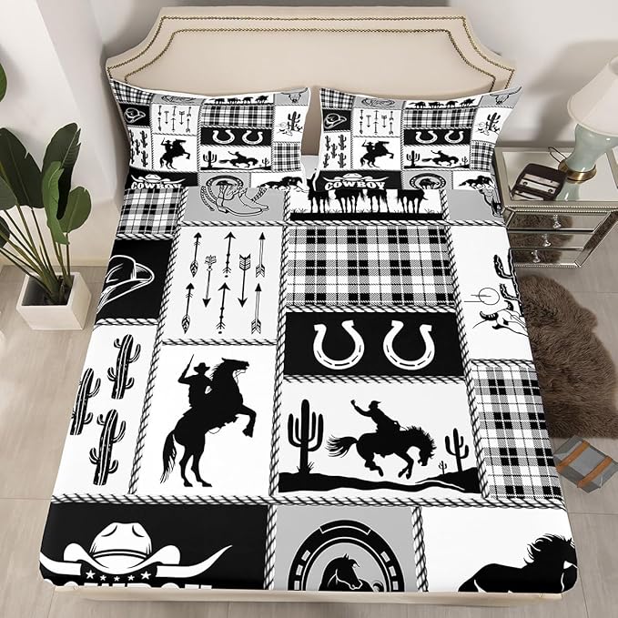 Western Cowboy Kids Sheet Full Size,Cactus Geometric Plaids Patch Bedding Set,Boys Girls Adults Room Decor,Horseshoe Rustic Farmhouse Black Retro Bed Sheet Set 4pcs(Fitted + Flat + 2 Pillowcases)