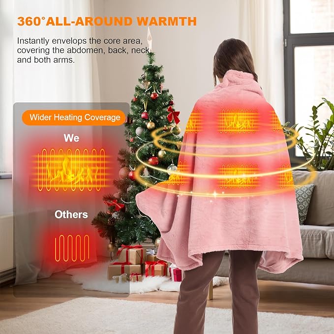 16000mAh Heated Blanket Battery Operated Soft Cordless Heated Blanket Shawl Portable Heated Throw Blanket Poncho Wraps Fast Heating with 3 Heat Levels 6 Heating Zones