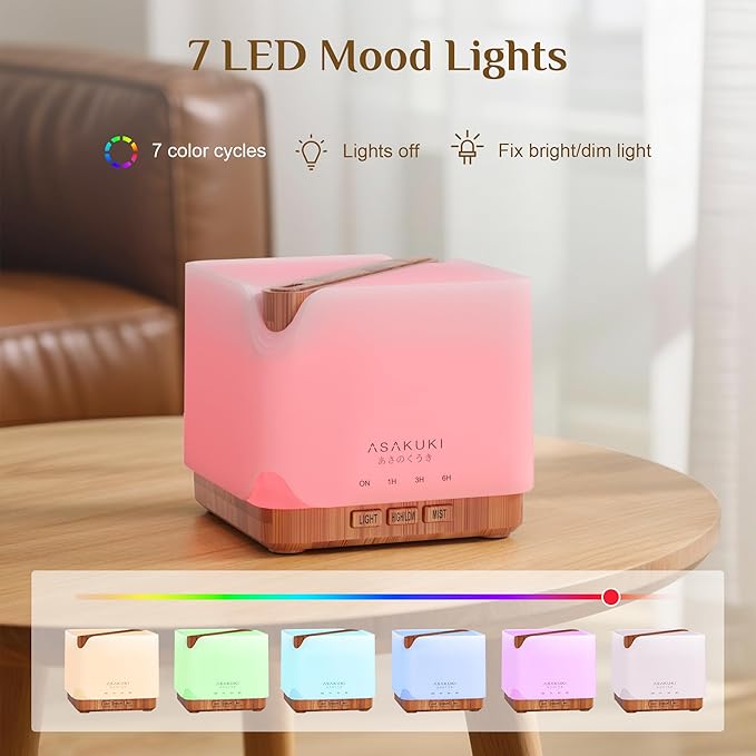 ASAKUKI Essential Oil Diffuser 700ml, Ultrasonic Aromatherapy Humidifier with Top 6 Essential Oils Set, 7 LED Colors, Timer & Auto-Off, Large Room Diffuser, Valentine's Day Gift