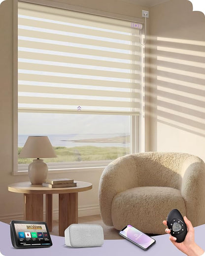 Graywind Motorized Blinds with Remote, Smart Zebra Shades for Windows, Hardwired Roller Blinds Compatible with Apple Homekit, Alexa, Google Home, Custom Size, Wool-Like Beige
