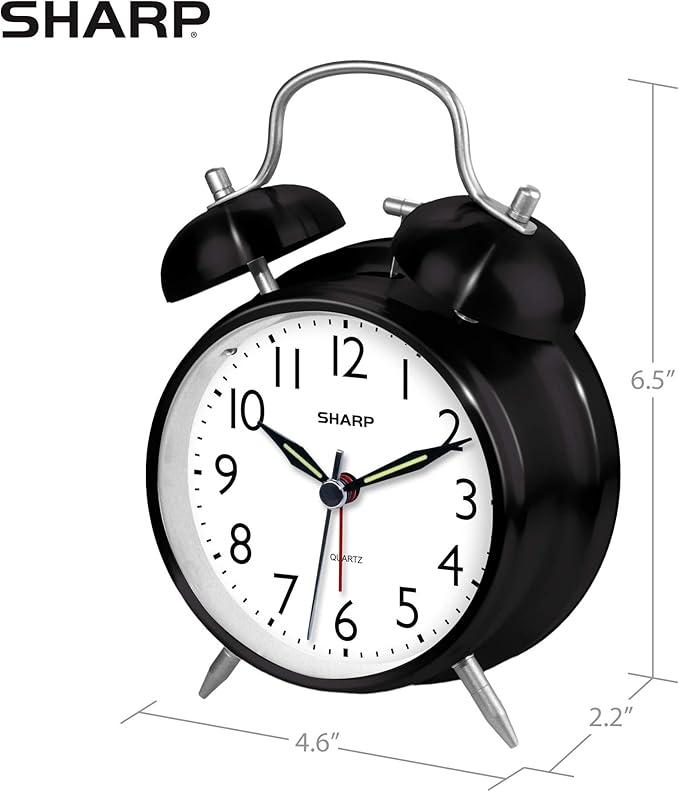 Sharp Twin Bell Alarm Clock - Loud Alarm - Great for Heavy Sleepers - Battery Operated Quartz Analog Clock (Midnight Black)