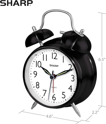 Sharp Twin Bell Alarm Clock - Loud Alarm - Great for Heavy Sleepers - Battery Operated Quartz Analog Clock (Midnight Black)