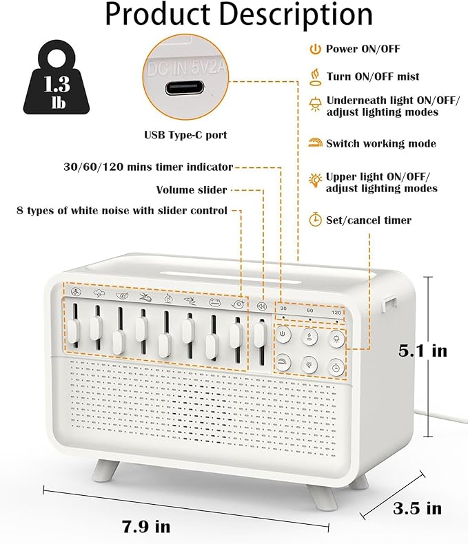 White Noise Sound Aroma Humidifier - Essential Oil Diffusers for Home, Air Aroma Diffuser Humidifier with 8 White Noise Effect & Simulation Flame, Speaker, for Sleeping, Living Room, Office