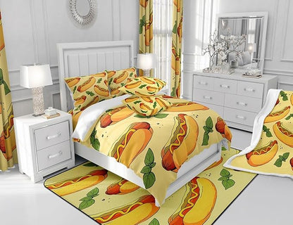 Manfei Fast Food Sheet Set Full Size, American Cartoon Hot Dog Hamburg Bed Sheet Set 4pcs (Fitted Sheet, Flat Sheet, 2 Pillowcases), Creative Yellow Bedding Set for Kids Boys Girls Room Decor