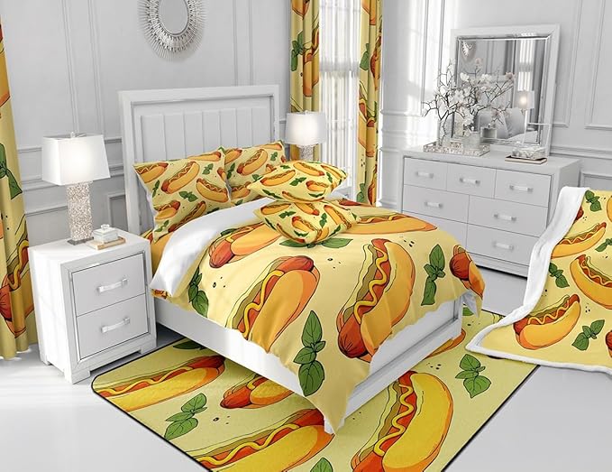 Manfei Fast Food Sheet Set King Size, American Cartoon Hot Dog Hamburg Bed Sheet Set 4pcs (Fitted Sheet, Flat Sheet, 2 Pillowcases), Creative Yellow Bedding Set for Kids Boys Girls Room Decor