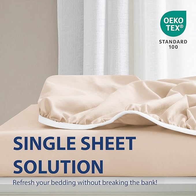 Cathay Home King Fitted Sheet - Double Brushed Ultra Soft – Wrinkle & Fade Resistant - 16" Deep Pocket Fitted Sheet Only - Good Fit for 14"-18" Deep Mattress (King, Cream)