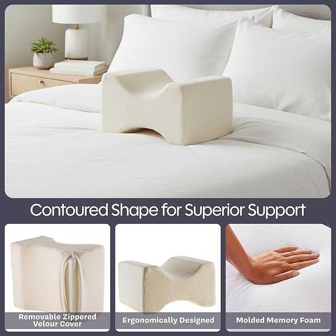 Remedy Knee Pillow for Side Sleepers - Contoured Memory Foam Leg Pillow for Back Pain, Spine Alignment, and Sciatica, Hip, and Joint Relief - Elevation Cushion with Washable Cover (Off-White)