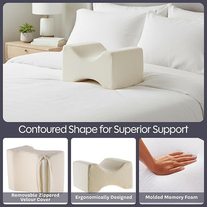 Remedy Knee Pillow for Side Sleepers - Contoured Memory Foam Leg Pillow for Back Pain, Spine Alignment, and Sciatica, Hip, and Joint Relief - Elevation Cushion with Washable Cover (Off-White)