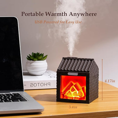 Mini Fireplace Cool Mist Humidifier with Flame Light, USB Powered, Auto Shut-Off, Portable for Bedroom Office Travel, 200ml, Beige