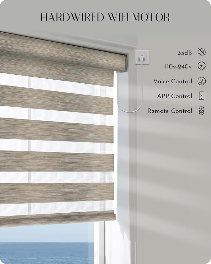 Graywind Motorized Blinds with Remote, Smart Zebra Shades for Windows, Hardwired Roller Blinds Compatible with Apple Homekit, Alexa, Google Home, Custom Size, Linen Sandy