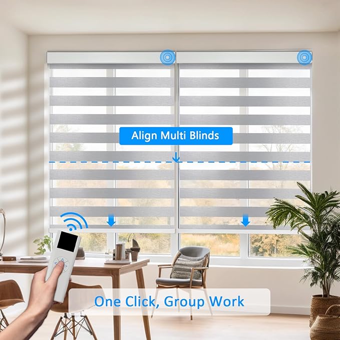 Motorized Zebra Blinds for Windows Cordless Electric Curtains with Remote Control Blackout Shades Custom Smart Blinds Compatible with Alexa Google Home(Light Filtering Grey,W20 X 72in)