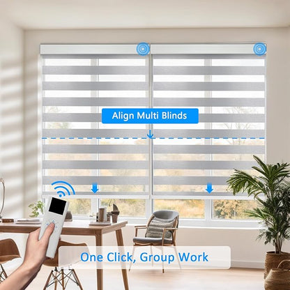 Motorized Zebra Blinds for Windows Cordless Electric Curtains with Remote Control Blackout Shades Custom Smart Blinds Compatible with Alexa Google Home(Light Filtering Grey,W50 X 72in)