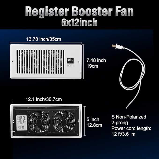 Xcity Quiet Register Booster Fan, Intelligent 6"x12" Vents, 10-speed, Air Vent Fan with Remote Control & Thermostat, Smart LED Display Ideal for HVAC, Integrated Heating & Cooling, White