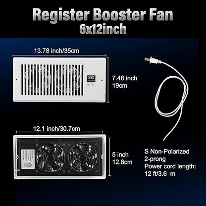 Xcity Quiet Register Booster Fan, Intelligent 6"x12" Vents, 10-speed, Air Vent Fan with Remote Control & Thermostat, Smart LED Display Ideal for HVAC, Integrated Heating & Cooling, White
