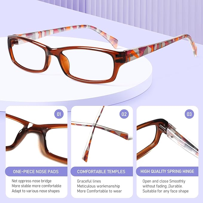 Kerecsen Reading Glasses 5 Pairs Fashion Ladies Readers Spring Hinge with Pattern Print Eyeglasses for Women (5 Brown, 4.0, x)