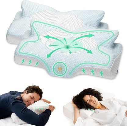 Elviros Cervical Memory Foam Pillow, 2 Pack Pillows for Neck and Shoulder Pain, Ergonomic Orthopedic Sleeping Neck Support Pillow for Side Sleepers, Stomach Sleepers (Blue)