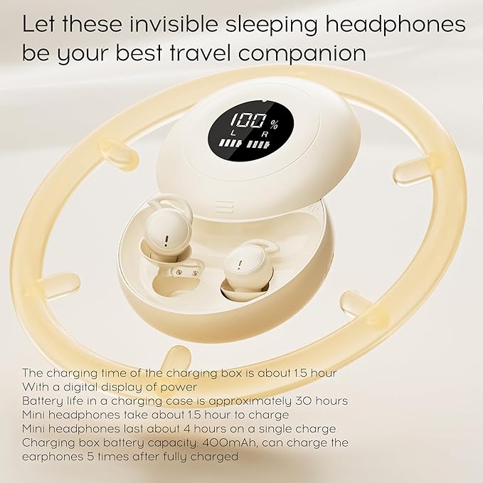 sunvito Sleep Earbuds Bluetooth 5.4, Mini Invisible Silicone Sleep Earbuds for Side Sleepers, Noise Blocking Sleeping Headphones, Hidden Earbuds with LED Display for Small Ears, Sleep & Relax (Beige)