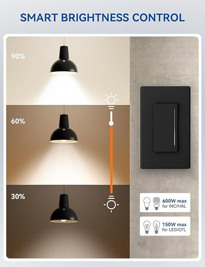 ELEGRP Smart Dimmer Light Switch DTR10, Single Pole Setup, 2.4GHz Wi-Fi Touch Dimmer Compatible with Alexa/Google Assistant, Needs Neutral Wire, No Hub Required, UL Listed, Matte Black, 2 Pack