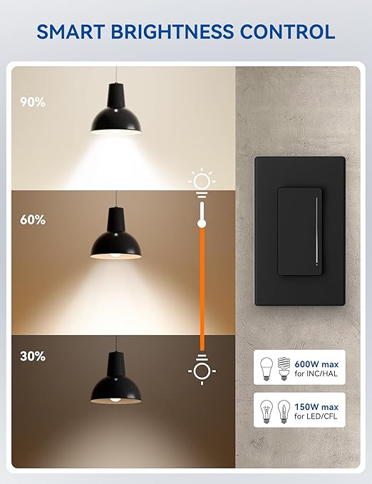 ELEGRP Smart Dimmer Light Switch DTR30, Single Pole or 3 Way, 2.4GHz Wi-Fi Touch Dimmer Compatible with Alexa/Google Assistant, Needs Neutral Wire, No Hub Required, UL Listed, Matte Black, 1 Pack