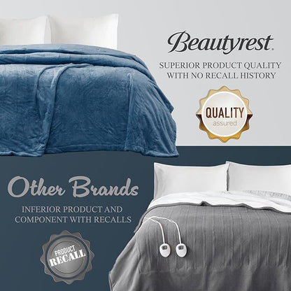 Beautyrest Heated Plush Elect Electric Blanket with 20 Heat Level Setting Controllers Equip with Secure Comfort Technology and 10 Hours Auto Shut Off, King: 90x100, Sapphire,BR54-0661