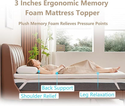 3 Inch Memory Foam Mattress Topper Twin Size - CertiPUR-US Certified - Gel Cooling Mattress Pad with Removable Bamboo Cover,Bed Topper for Pressure Relief(White) (White, Queen)