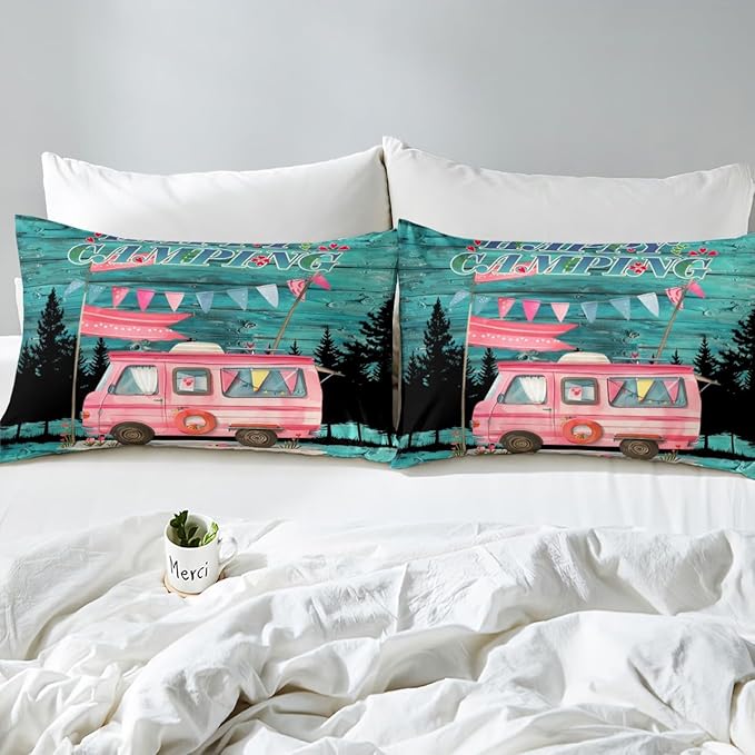 Happy Camping Kids Fitted Sheet Queen Size,Camper Truck RV Trailer Outdoor Adventure Bedding Set,Girls Women Room Decor,Woode Plank Rustic Bed Cover,Pink Teal Bed Sheet,2 Pillowcases(No Top Sheet)