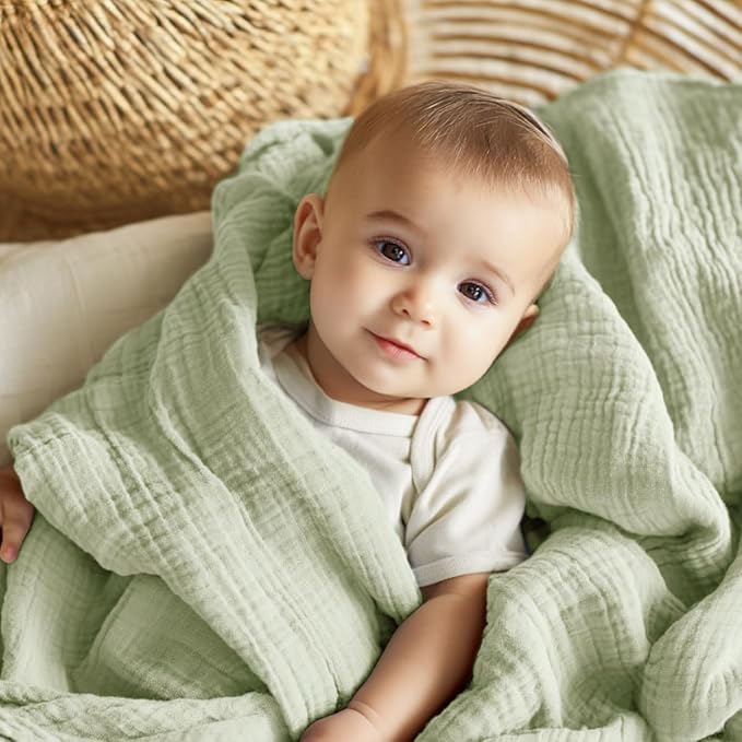 EMME Muslin Baby Blankets 100% Cotton 4-Layer Swaddle 40"x50" Lightweight Soft Breathable for Toddler, Infant, Newborn All Season Gauze Blanket, Mint Green