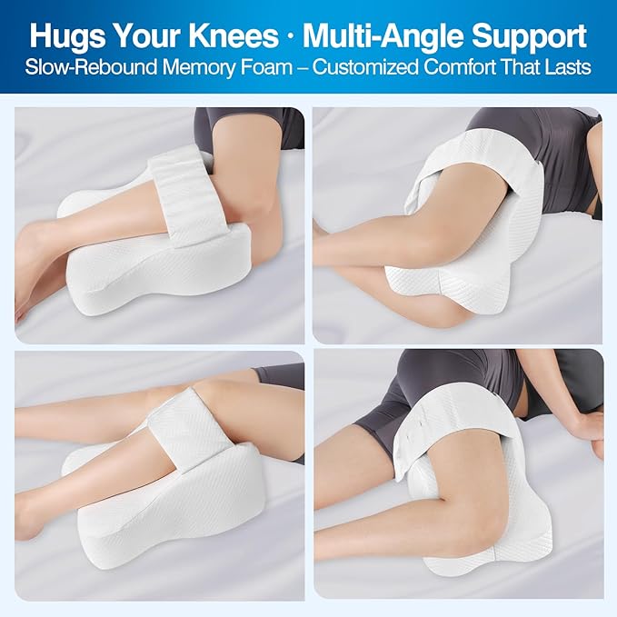 Knee Pillow for Side Sleepers, Memory Foam LegPillow Between Knees, Relieves Back, Hip & Knee PainWhile Aligning Spine, Adjustable Strap, 14 Inch (White)