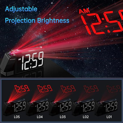 Peakeep Projection Alarm Clock for Bedroom Ceiling 180° Rotatable, Loud for Heavy Sleepers, Colorful Nightlight, 5 Brightness Dimmable Large Number Bedside Electric LED Digital Clock with USB Port
