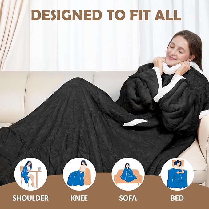 Wearable Heated Blanket with Foot Pocket, 52"x72" Electric Blanket with Sleeves for 12 Hours Timer, 6 Heat Settings, Flannel & Sherpa, Black