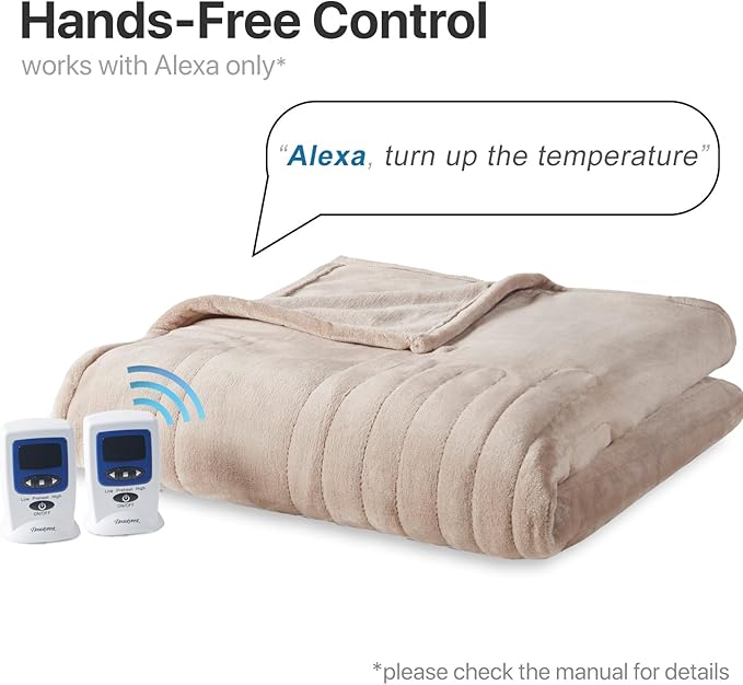 Beautyrest Heated Electric Blanket for Cold Weather, Fast Heating Wi-Fi Heated Blanket, Voice Command Alexa Compatible, Auto Shut Off, Virtually Zero EMF, 20 Heat Setting, UL Certified, Queen Taupe