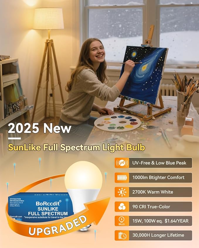 BoRccidt SunLike Full Spectrum Light Bulb 2700K Warm LED 15W=100W, Flicker-Free & UV-Free, 90+CRI & 30000H Lifespan, 3-Pack A19 E26/E27 Soft White Sunlight Light Bulbs for Humans, Home, Office, Plant