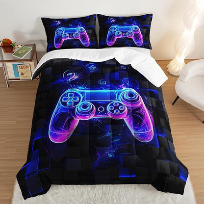 3 Pieces Bed in a Bag for Boys Bedding Sets Twin Size,Game Controller Comforter Sets for Boys Kids,Gaming Comforter Set for Teens Room Decor,Honeycomb Geometric Bedding with 2 Pillowcases.