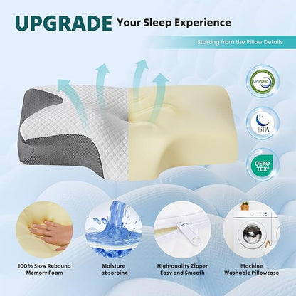 DUMOS Cervical Neck Pillow for Sleeping, Cooling Ergonomic Memory Foam Pillow with Arm Rest Slot and Ice Silk Pillowcase, Dual Height Orthopedic Support Contour for Side, Back, Stomach Sleepers