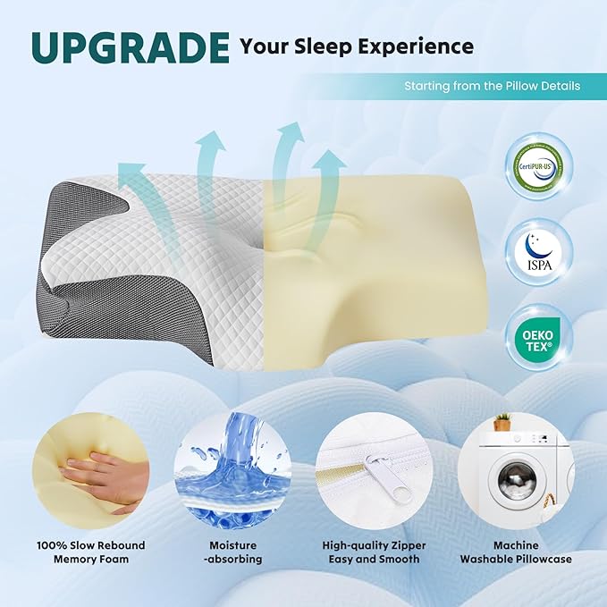 Sweetcrispy Memory Foam Cervical Pillow, 2 in 1 Ergonomic Contour Orthopedic Pillow for Neck Pain, Contour Side Sleeper for Adults, Orthopedic Neck Support for Back Stomach Sleepers, Grey