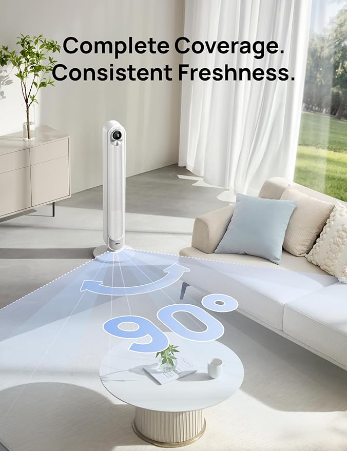 Dreo Smart Tower Fan for Bedroom, Floor Standing Bladeless Oscillating Fan with Remote, 9 Speeds, 4 Modes, 12H Timer, for Indoor Bedroom Home Office, WiFi Voice Control