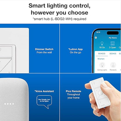 Lutron Caseta Original Smart Dimmer Switch (Lutron Smart Hub Required), for LED Lights, 150 Watt, Single-Pole/3-Way, No Neutral Required, PD-6WCL-WH, White