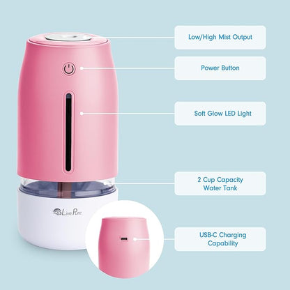 LivePure Cool Mist Humidifiers for Bedroom. Small Humidifier for Babies, Nursery, Plants, Office. Ultrasonic Cool Mist Humidifier w/Quiet Operation, USB-C Rechargeable. Rose Quartz