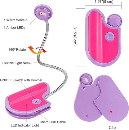 Amber Reading Light Rechargeable, Book Light Kids for Reading in Bed, Clip On Reading Book Light, 2 Lighting Modes, Blue Light Blocking for Eye-Care, Small Bookmark Light for Bookworm-Violet
