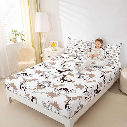 Dinosaur Kids Full Size Fitted Sheet,Sketch Cartoon Animal Boys Girls Bed Sheets,Dino Modern Fashion Room Decor,Brown White Bedding Set,2 Pillowcases(No Flat)