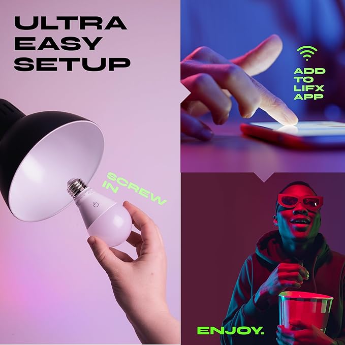 LIFX Everyday A19 Smart LED Light Bulb, 800 Lumens, 90+ CRI, Color Changing, Dimmable, Wi-Fi, Matter Compatible, Compatible with Alexa, Google, Apple Home & SmartThings, LFXEA19800RGBCW/2, 2-Pack