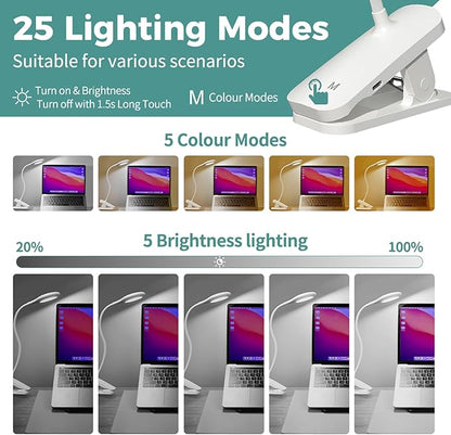 CUHIOY Clip on Reading Light for Bed Headboard, Rechargeable Battery Clamp on Bunk Bed Light, 5 Colors 5 Brightness Flexible Neck Desk Lamp, Eye Protect LED Touch Control Book Lights at Night for Kids