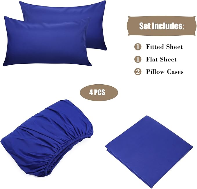 4 Piece Bed Sheet Set (Full,Royal Blue) 1 Flat Sheet,1 Fitted Sheet and 2 Pillow Cases,Brushed Microfiber Luxury Bedding with Deep Pockets
