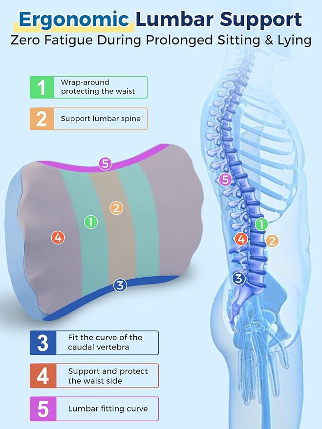 Lumbar Support Pillow for Sleeping – Memory Foam Lower Back Pillow for Bed for Back Pain Relief - Ergonomic Support for Side&Back Sleepers-Rest Pillow for Car, Futon Sofa Bed with Washable Cover