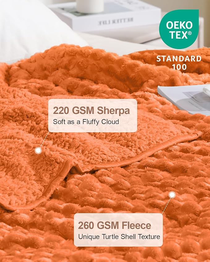 Super Fuzzy Soft Luxury Fleece Sherpa 20 lbs Weighted Blanket for Adults, Turtle Shell Cozy Warm Queen Weighted Throw for Winter, Ceramic Beads Washable Heavy Blankets for Couch Bed, Orange, 60" x 80"