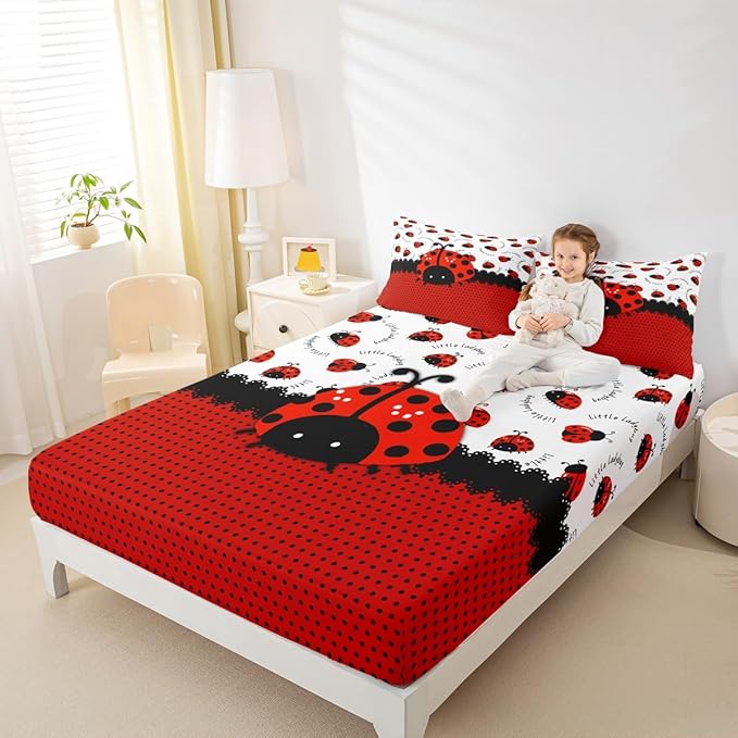Manfei Ladybug Kids Sheet King Size,Red Black Ladybird Beetle Insect Rustic Girls Boys Bedding Set Decor,Geometric Polka Dots Abstract Cartoon Bed Sheet Set 4pcs(Fitted + Flat + 2 Pillowcases)