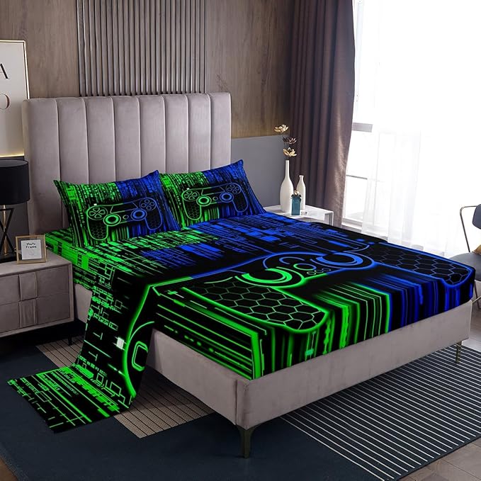 Video Gamepad Kids Sheet King Size,Abstract Neon Lights Honeycomb Hexagon Geometric Bedding Set,Boys Girls Room Decor,Gaming Controller Green Blue Bed Sheet Set 4pcs(Fitted + Flat + 2 Pillowcases)