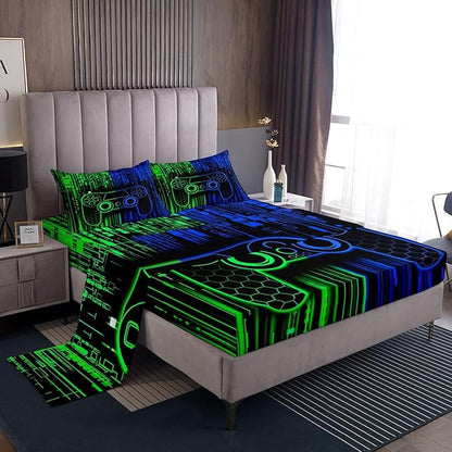 Video Gamepad Kids Sheet King Size,Abstract Neon Lights Honeycomb Hexagon Geometric Bedding Set,Boys Girls Room Decor,Gaming Controller Green Blue Bed Sheet Set 4pcs(Fitted + Flat + 2 Pillowcases)
